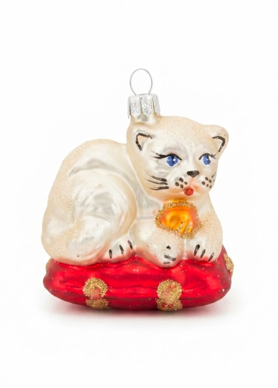 Hand Blown Glass Cat In Red Pillow Christmas Ornament